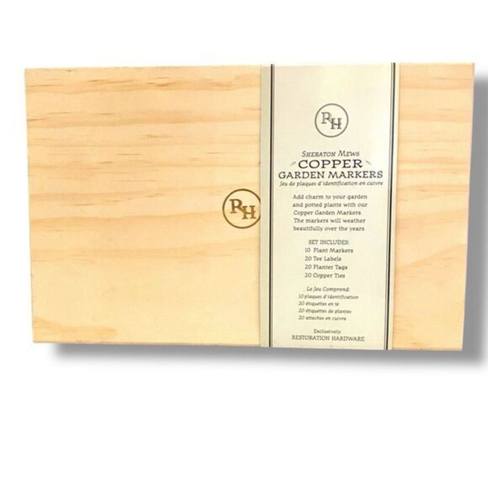 Restoration Hardware RH Copper Garden Plant Tag Marker Set in Wood Box